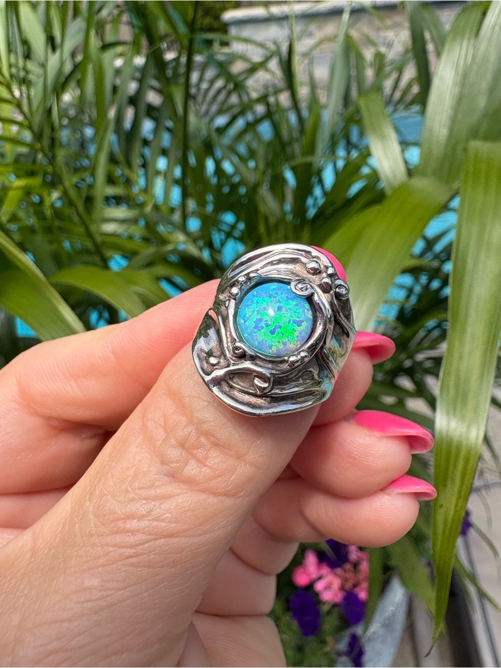 Vintage Magnolia Sterling Silver 925 Blue Opal Statement Ring